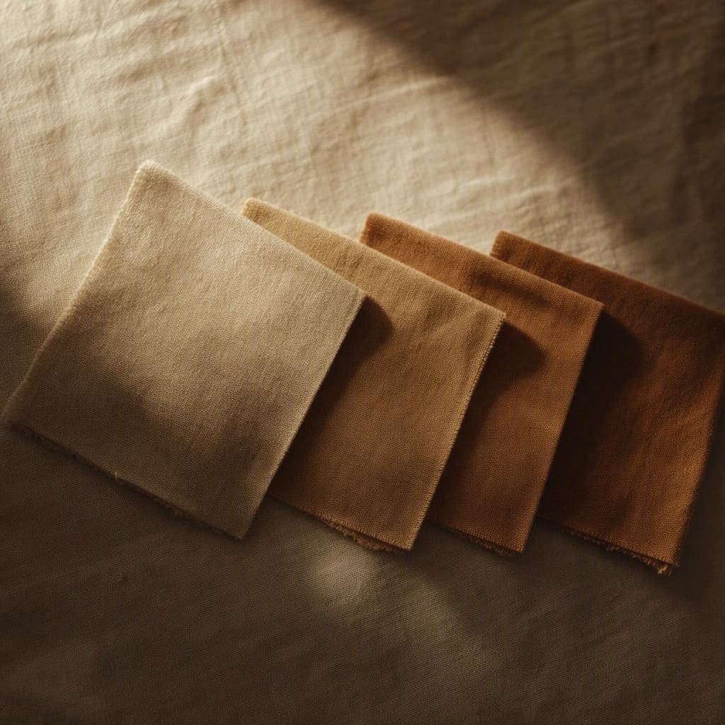 Four squares of matte fabric laid overlapping on cream linen, running from pale sand through to deep bronze, each with a visible weave.